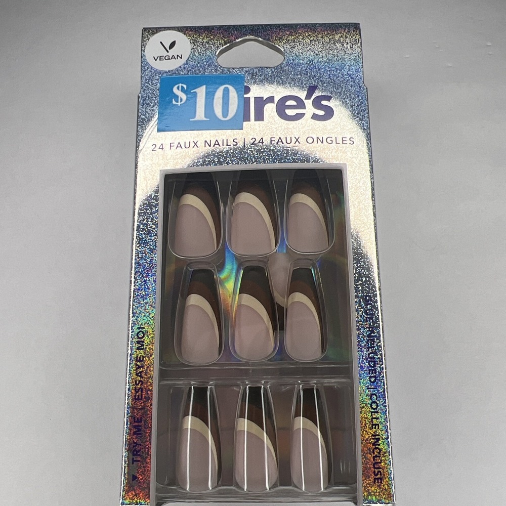24pc Claire's Fake False Press On Nails Glue On Vegan Brown Black French Coffin